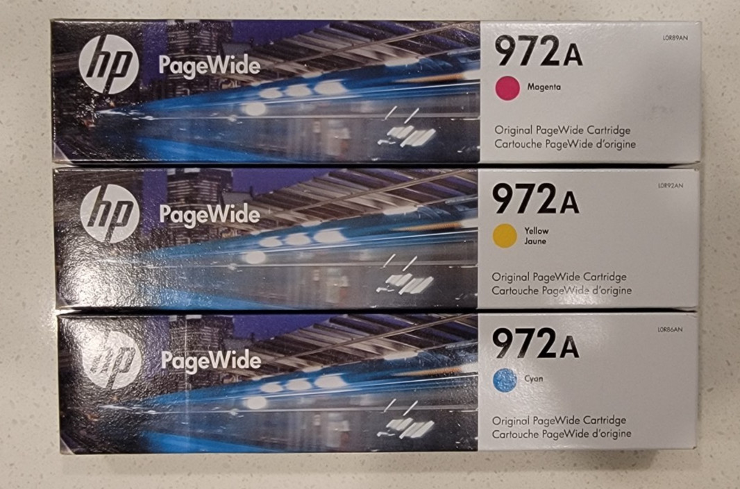 Genuine HP 972A PageWide CMY Ink Set New in Box (NO BLACK) (2027 & 2028 DATES)