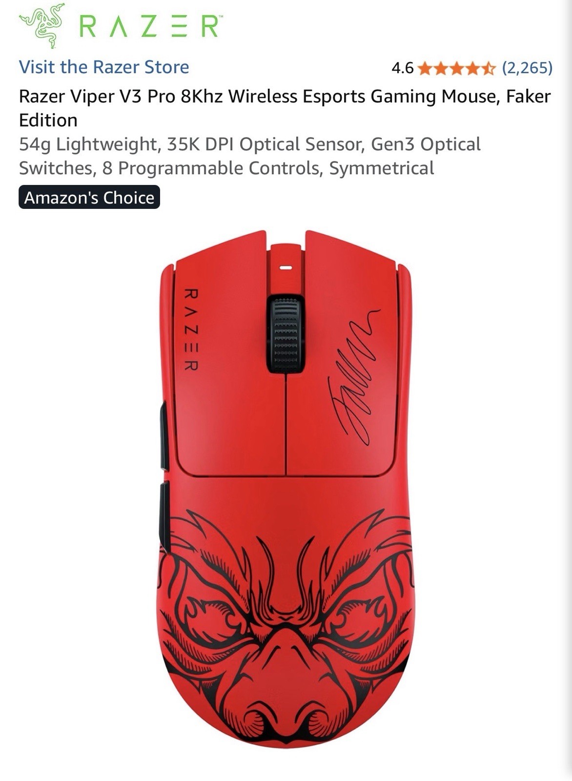 Razer Viper V3 Pro 8Khz Wireless Esports Gaming Mouse, Faker Edition