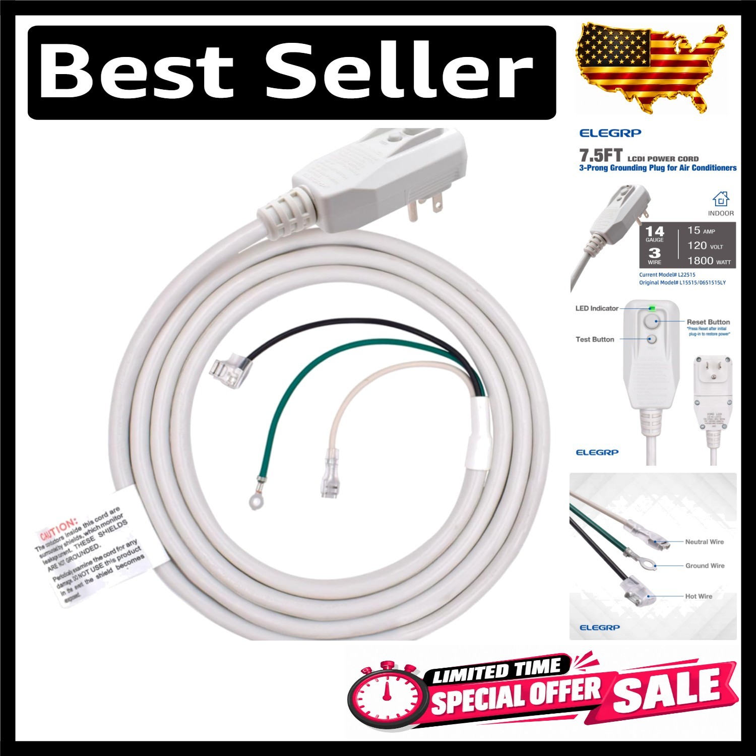ELEGRP 0651515LY L15515 L22515 14AWG LCDI Power Cord Plug for A/C Air...