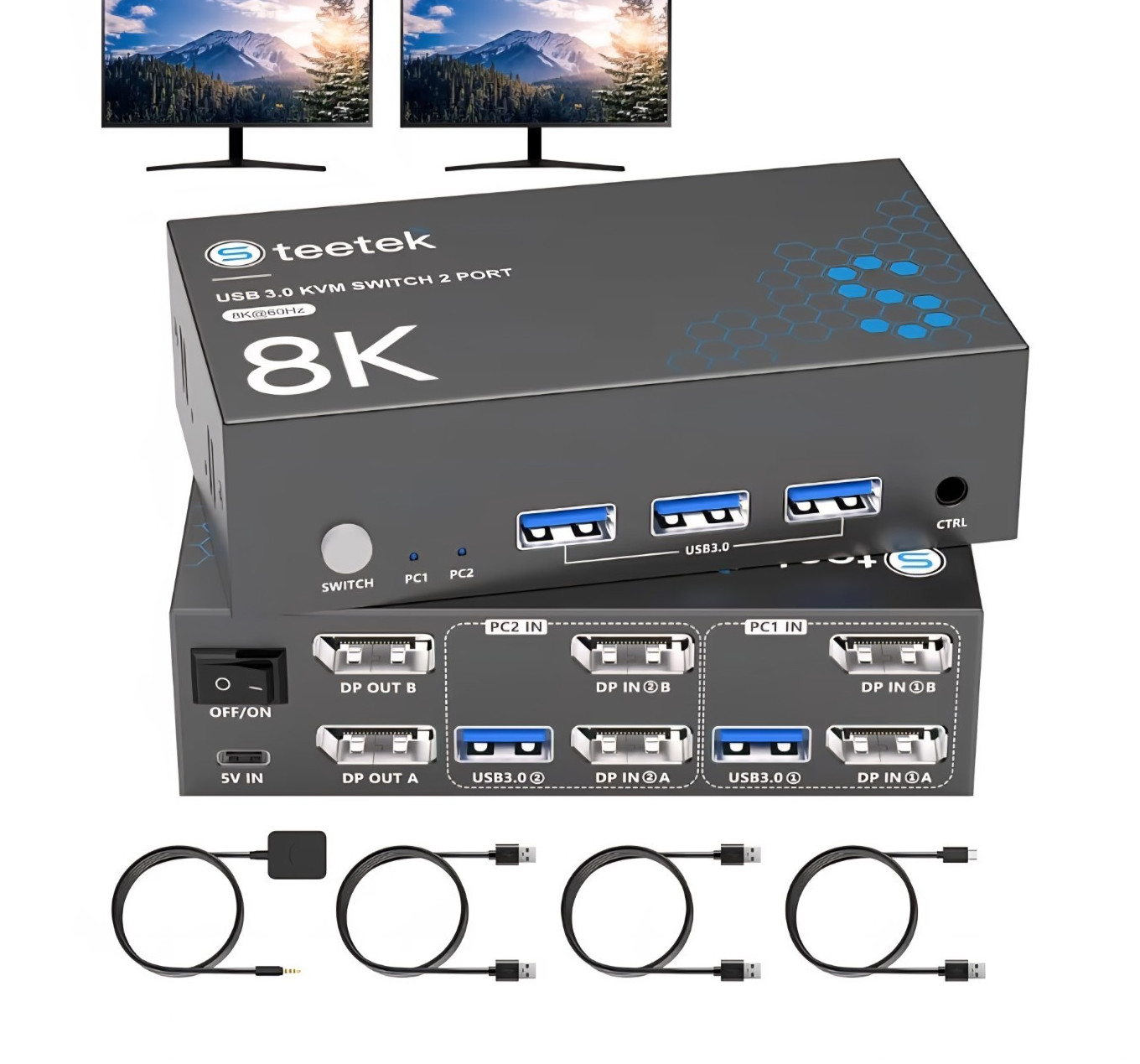 Hearvo Teetek STK-S7230P2 8K DisplayPort Dual Monitor KVM Switch 2 PC USB 3.0