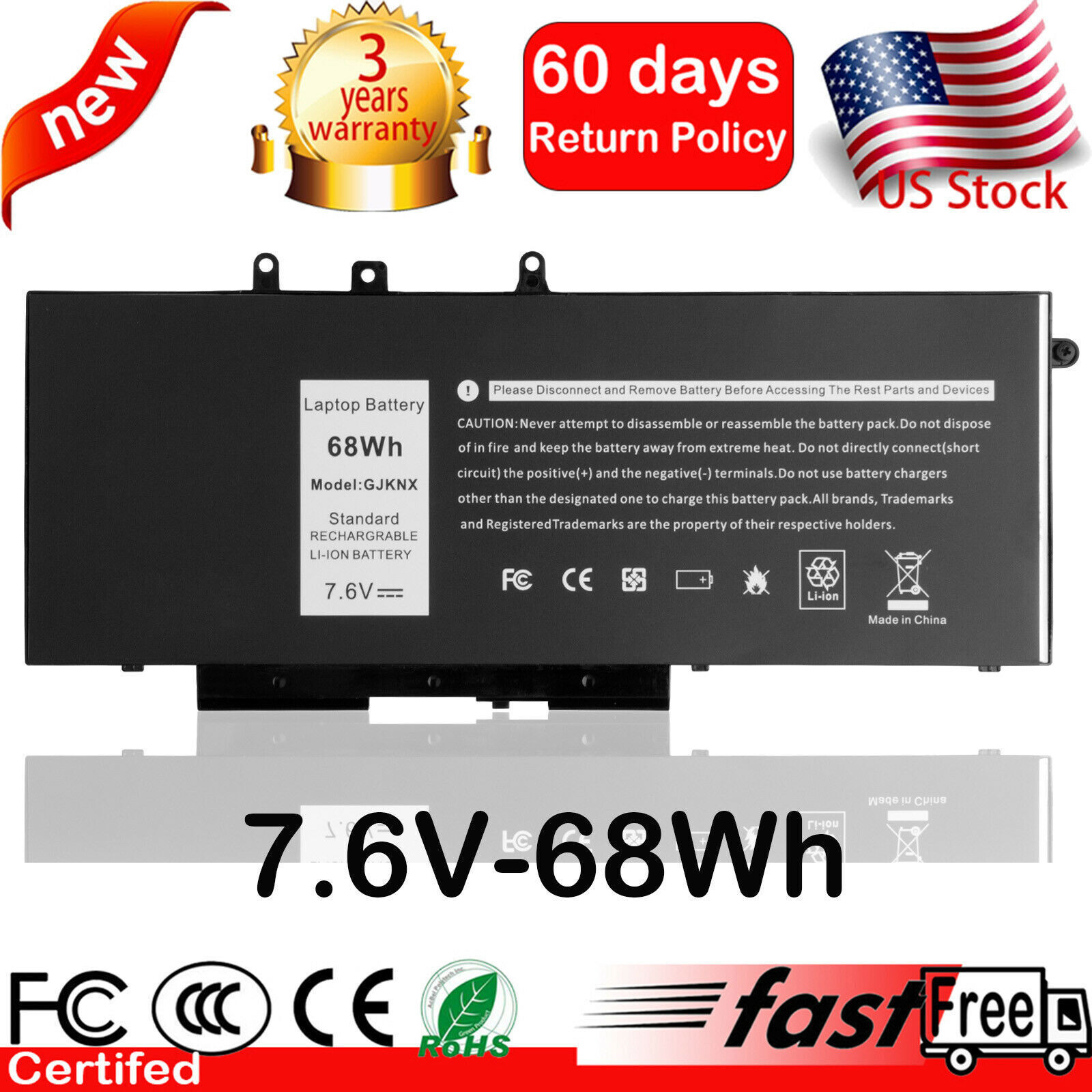 GJKNX Battery For Dell Latitude 5480 5580 5280 5490 5491 5590 5591 7.6V 68Wh New