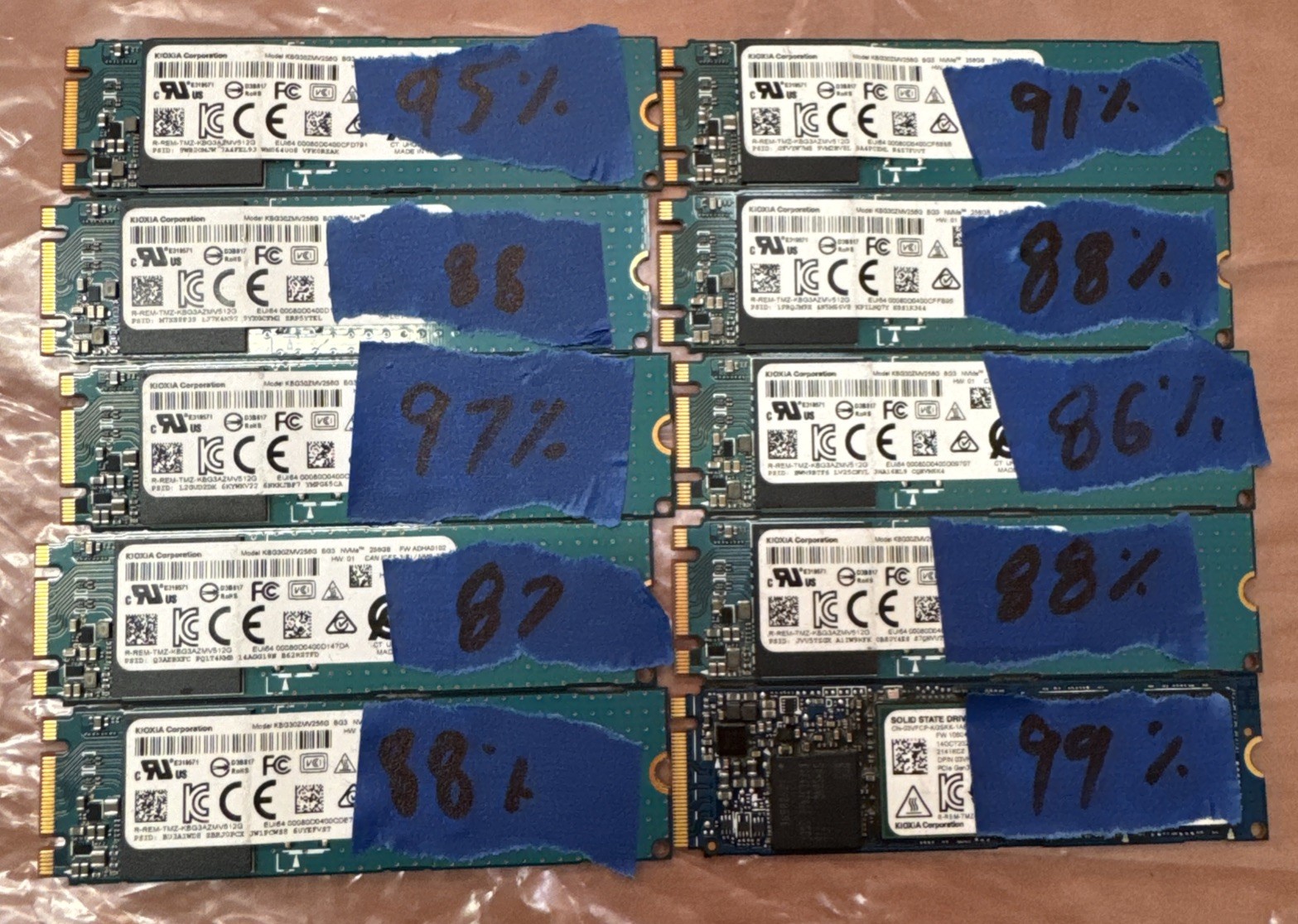 Lot of (10) Kioxia 256GB M.2 SSDs, Excellent Health (86%-100%)
