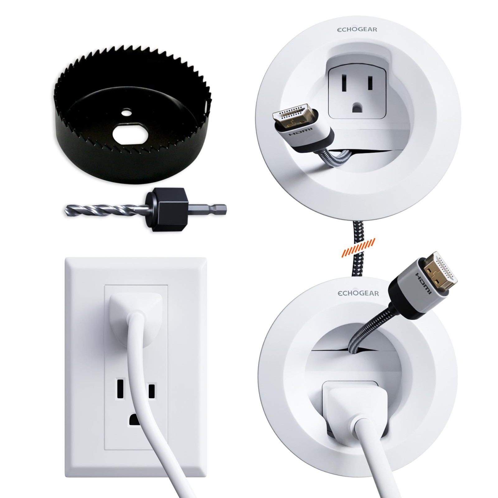 ECHOGEAR in-Wall Cable Management Kit for Power & Low Single Outlet, White 