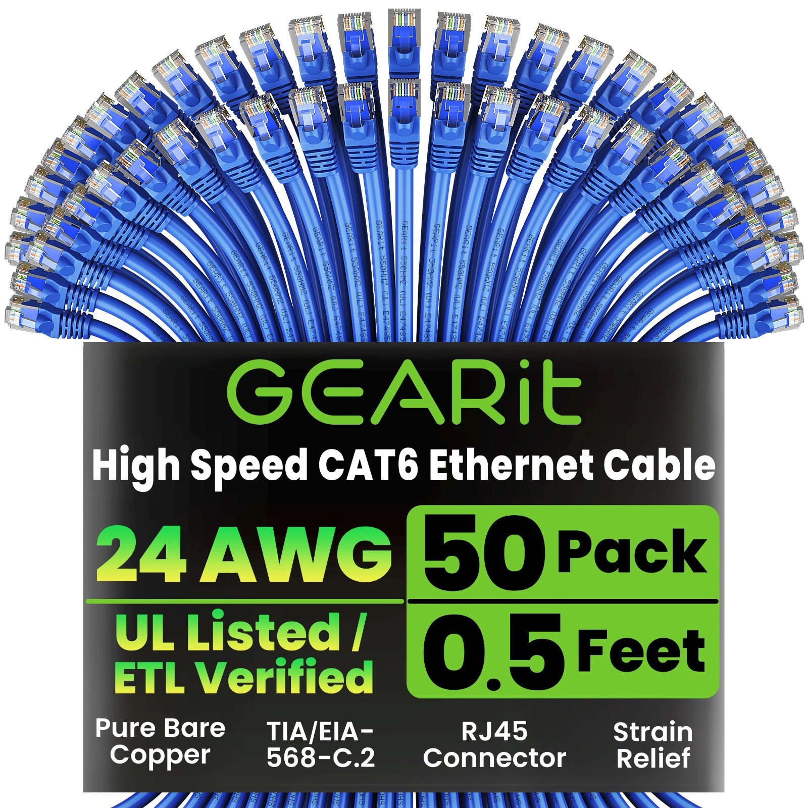 Cat6 Ethernet Patch Cables 0.5ft - 50-Pack, Blue, High-Speed Network Cable