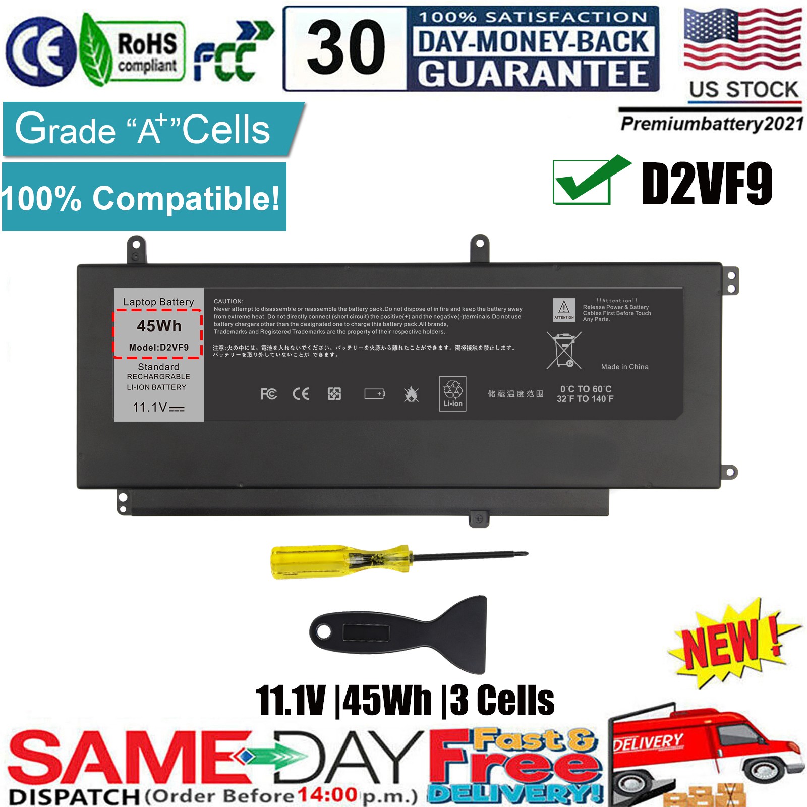 ✅D2VF9 Laptop Battery for Dell Inspiron 15 7547 7548 Vostro 14 5000 5459 45Wh