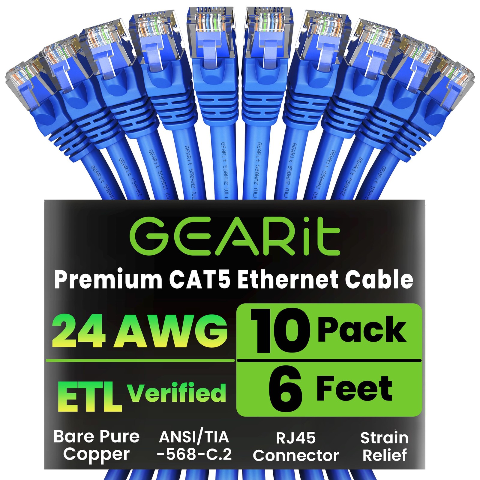 10-Pack, Cat5e Ethernet Patch Cable 6 Feet - Snagless RJ45 Computer LAN Netwo...