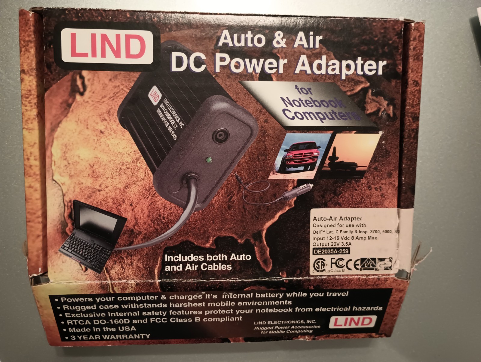 LIND AUTO & AIR DC POWER ADAPTER, w/Auto & Air Cables. MODEL DE2035A-259A