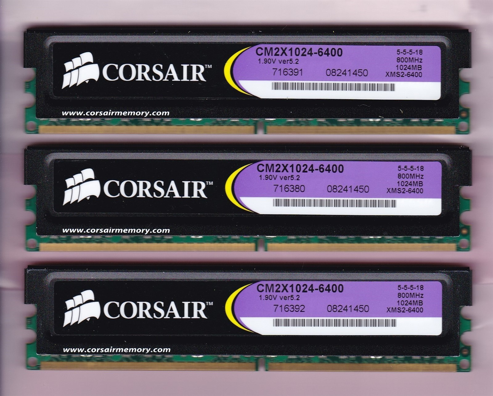 3GB 3x1GB PC2-6400 Corsair CM2X1024-6400 XMS2-6400 DDR2-800 Memory Kit Ver 5.2