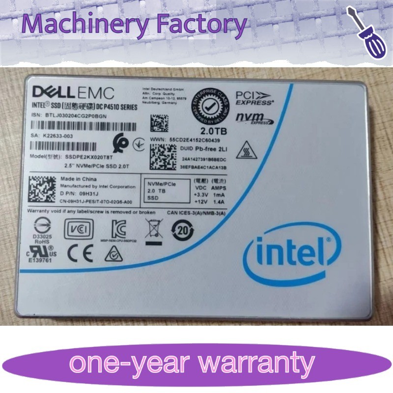 Used DELL 2TB Intel SSD P4510 Series DC NVME U.2 2.5" SSDPE2KX020T8T 09H31J