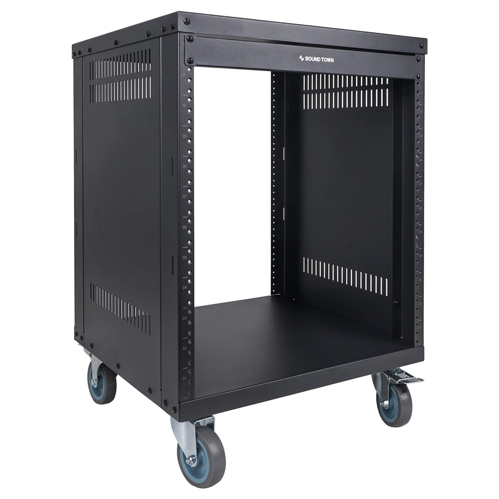 12U Universal Steel Rack, w/ 3 Locking Casters, Vented Side Panels for Audio Vid