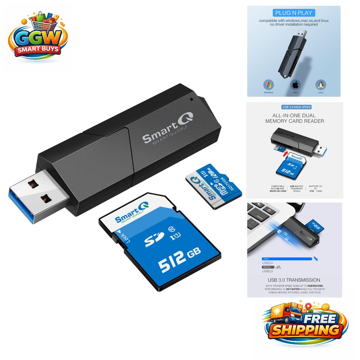 Compact USB 3.0 Dual Slot Card Reader for Quick HD File Transfers - Travel Size