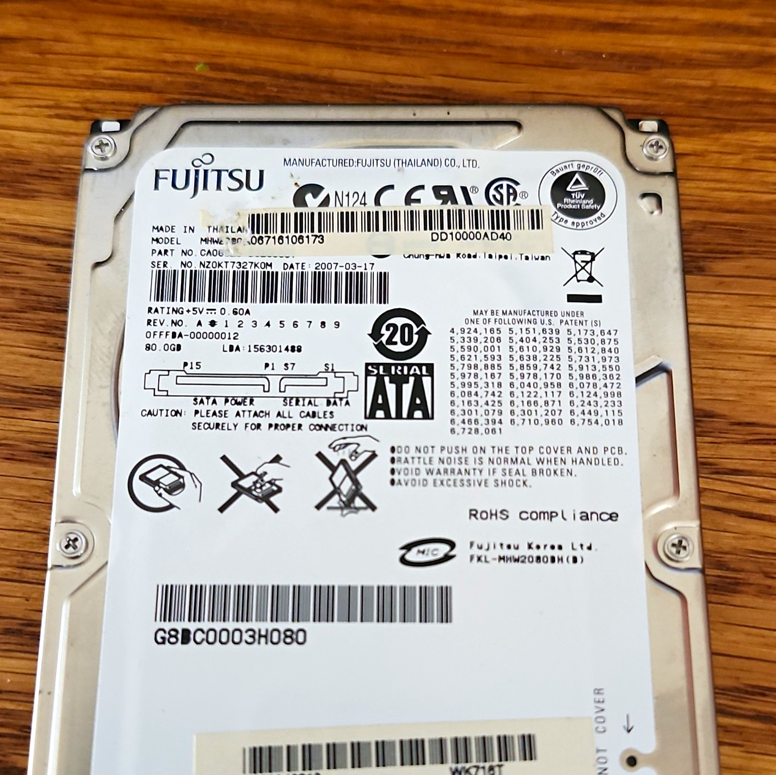 Fujitsu MHW2080BH 80GB 2.5" SATA 5400RPM 8MB Cache Internal Laptop HDD