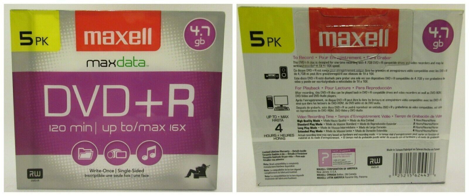 MAXELL MAX DATA DVD+R 120 MIN. UP TO/MAX 16X UP TO 4 HRS 4.7GB SINGLE SIDED 5 PK