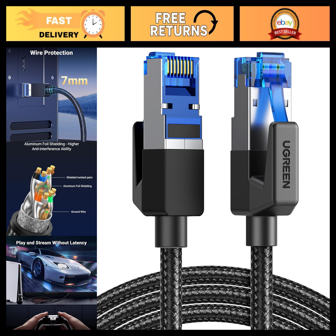High-Speed Cat 8 Ethernet Cable 40FT, 40Gbps 2000MHz LAN Cord for Gaming, PS5, X