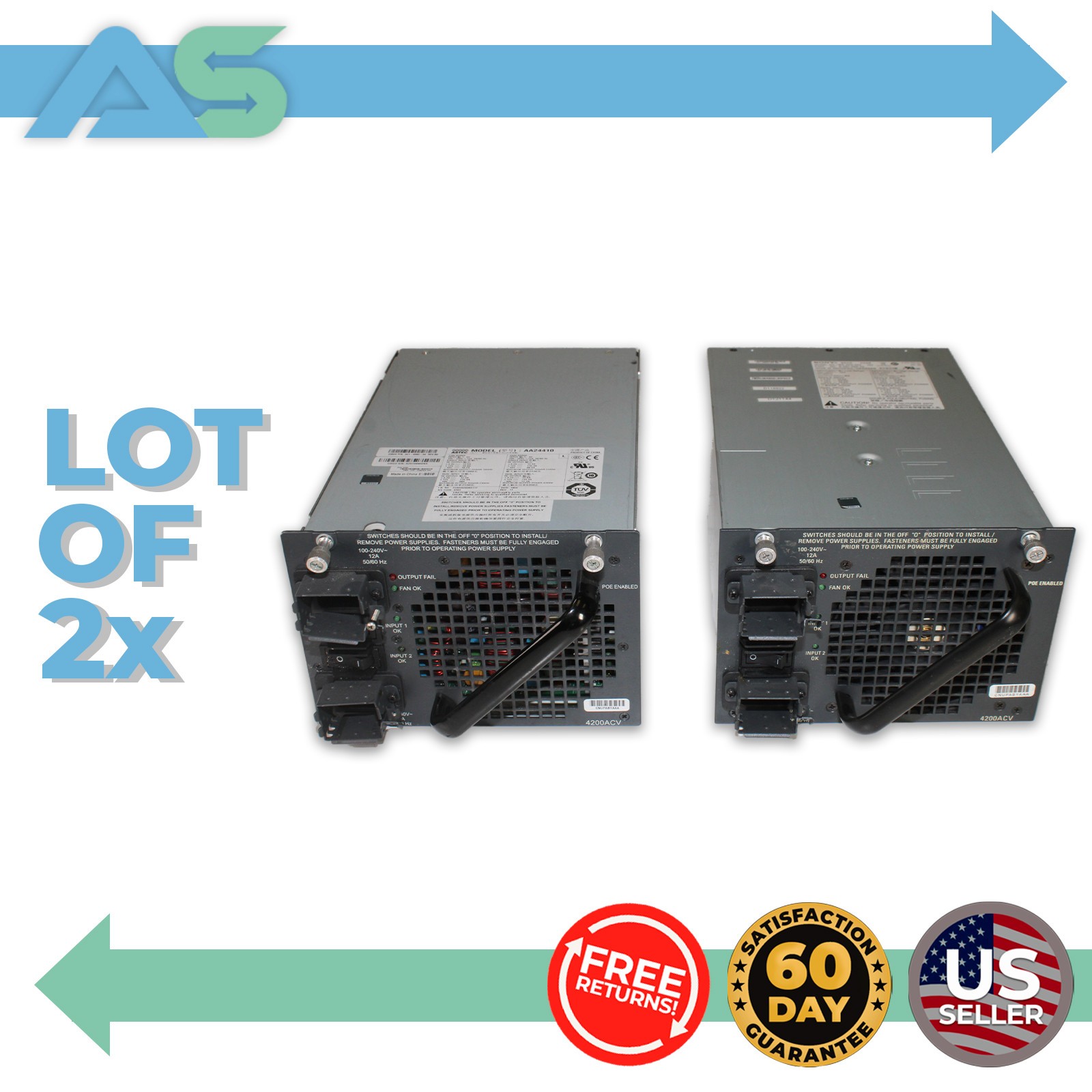 Lot of 2 Cisco Systems PWR-C45-4200ACV V04 Catalyst Switch Power Supply 4200ACV