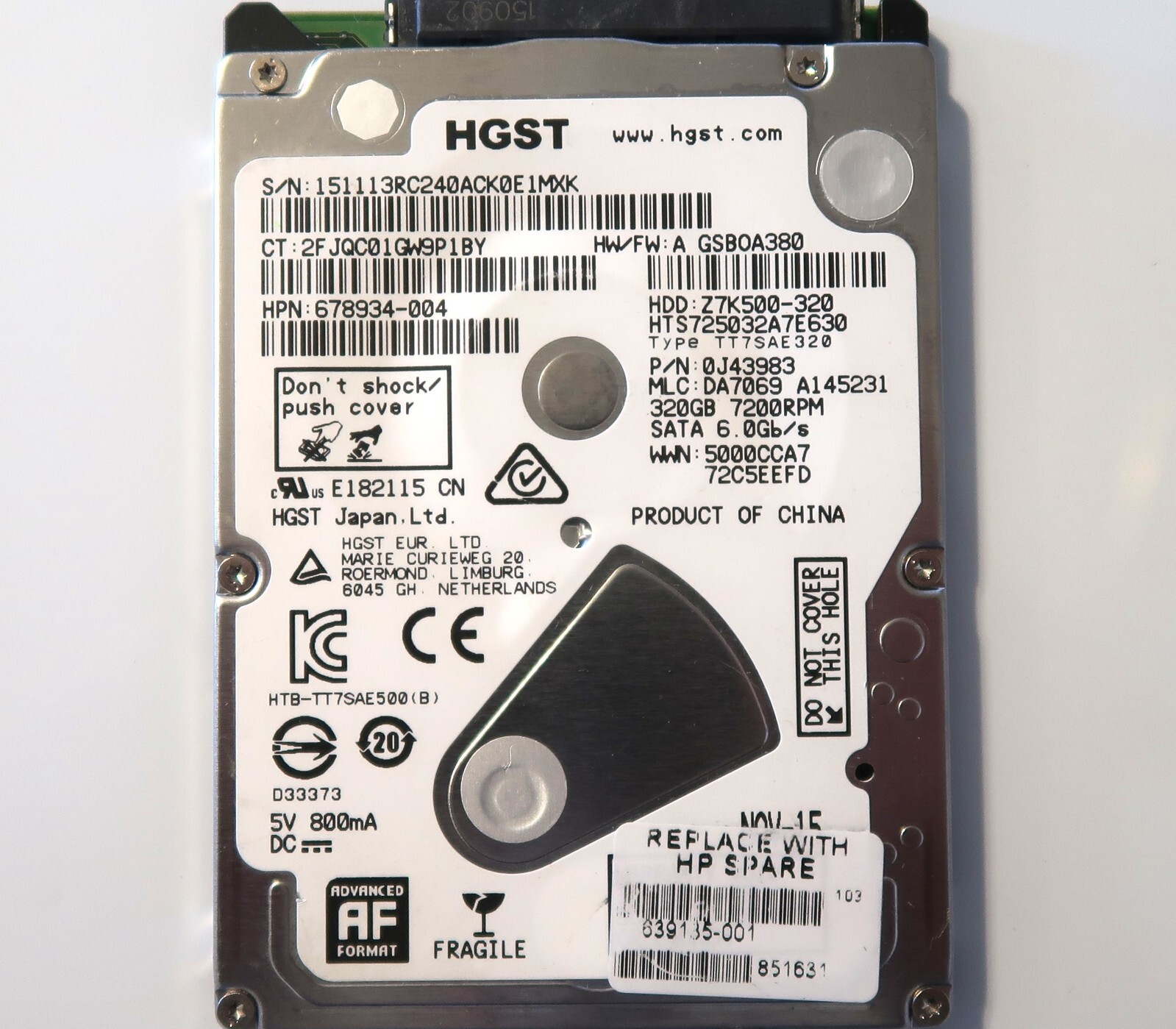 Hitachi HTS725032A7E630 0J43983 MLC:DA7069 (1511) 320gb 2.5" Sata HDD NOV-15