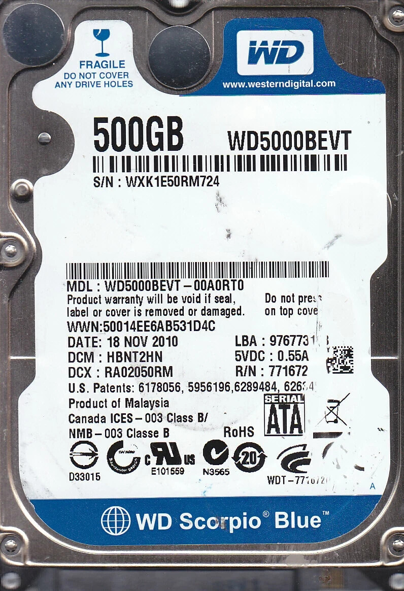 Western Digital WD5000BEVT-00A0RT0 dcm: HBNT2TH Nov 2010 500GB SATA 2.5" 7209