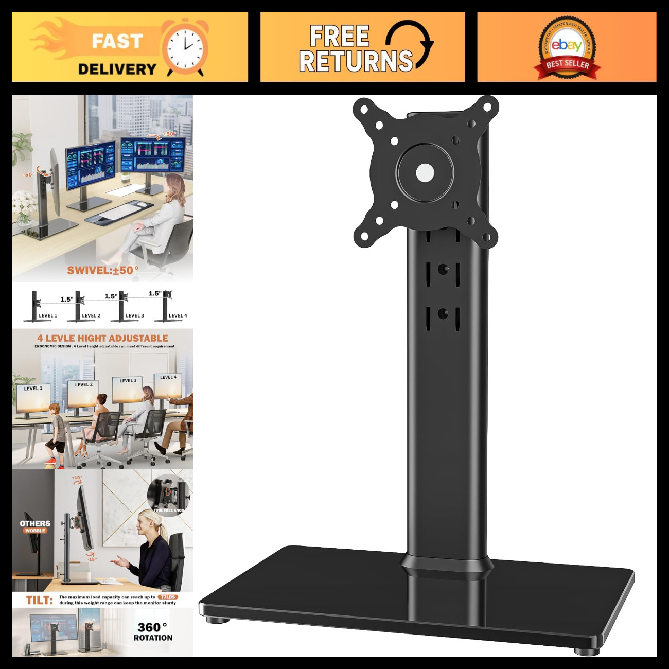 Height Adjustable Free-Standing Desk Mount for 13-32 Inch LCD Monitor, Swivel &