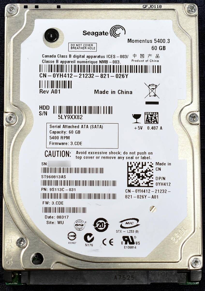 Seagate ST960813AS [60GB 2.5-inch 9.5mm SATA HDD 2008 model Use Time 8850H (Crys
