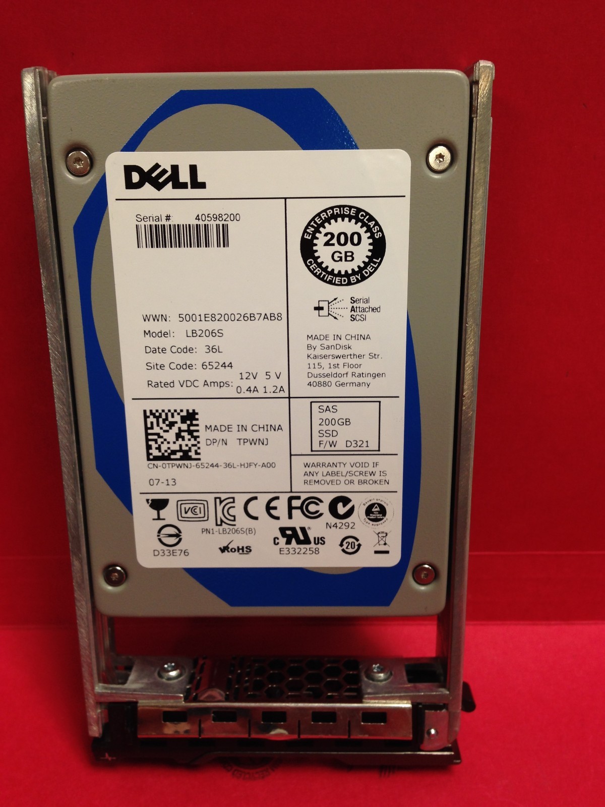DELL SanDisk 200GB SAS 2.5" HotPlug Solid State Drive SSD LB206S  DPN# TPWNJ ***