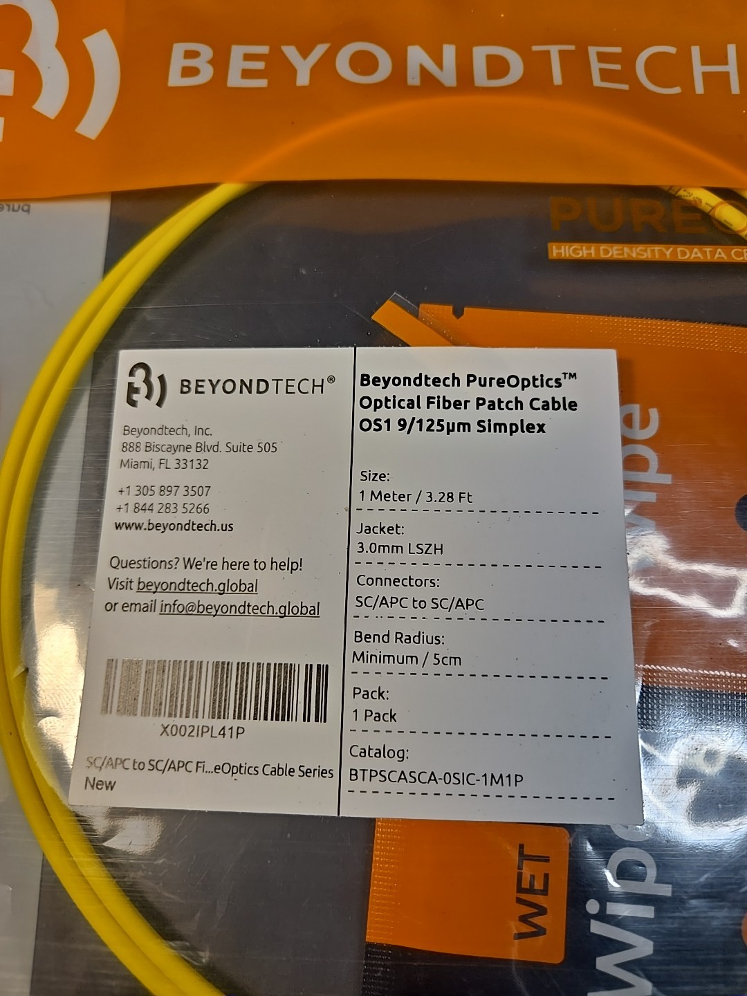 BeyondTech PureOptics Optical Fiber Patch Cable OS1 9/125μm Simplex 3.28ft. 2 Pk