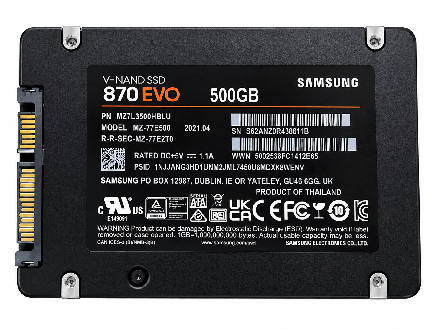 Samsung MZ-77E500 V-NAND SSD 870 EVO 500GB 2.5" SATA 6 SSD Drive, MZ7L3500HBLU