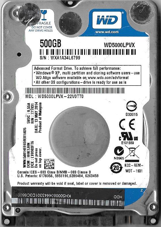 WESTERN DIGITAL WD5000LPVX-22V0TT0 500GB SATA HARD DRIVE  DCM: HHKTJHN  