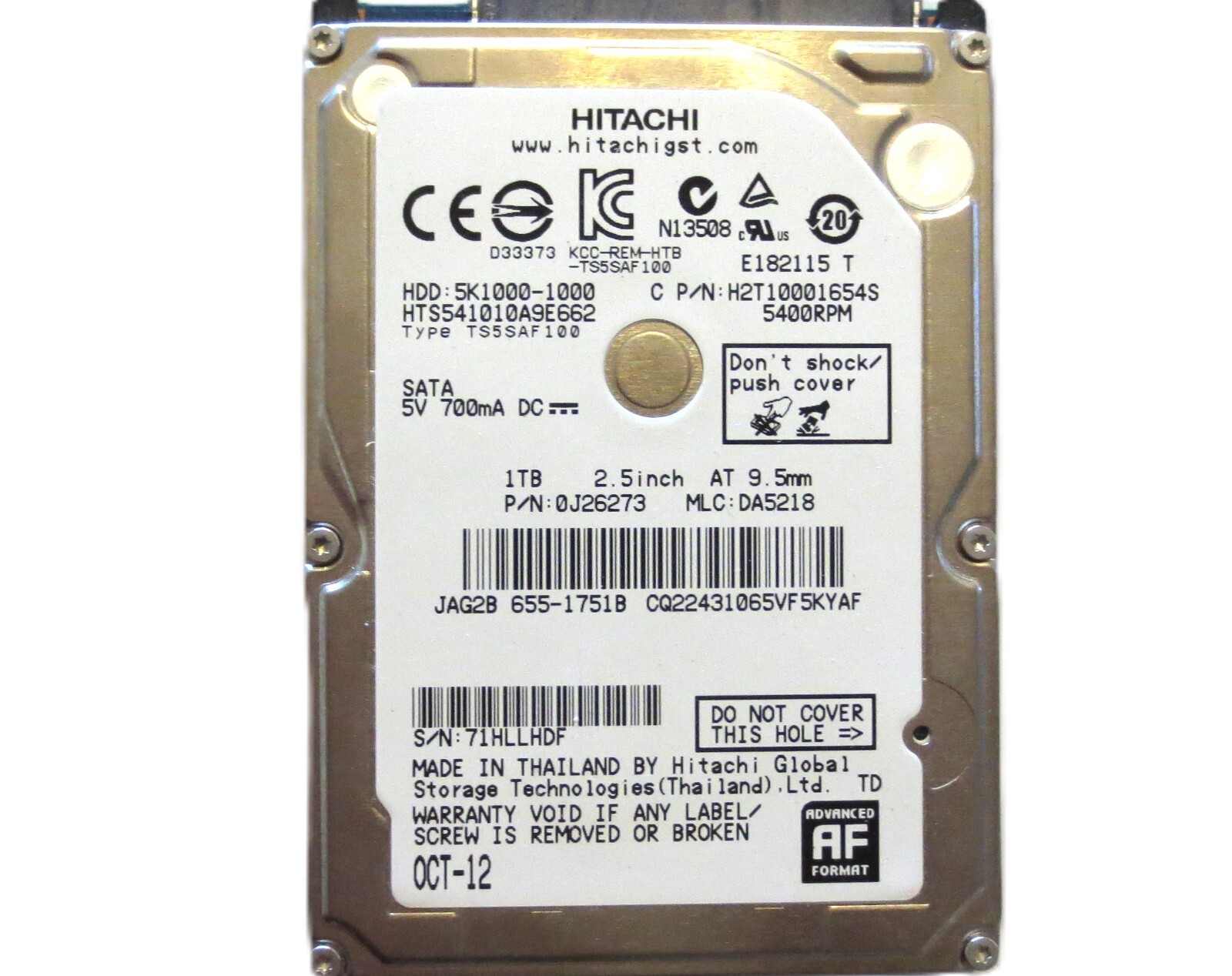 Hitachi HTS541010A9E662 0J26273 DA5218 Thailand 2.5" 1000gb Sata HDD OCT-12