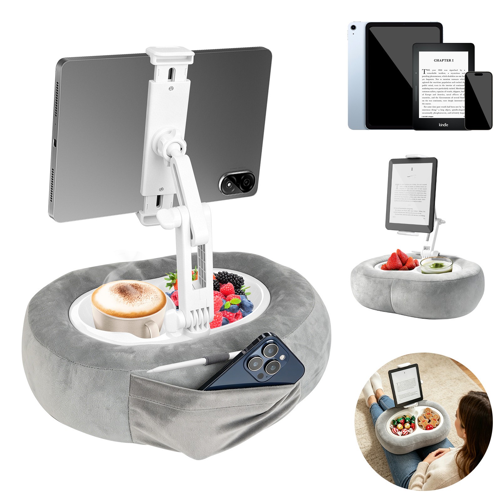 Tablet Pillow Stand Cushion Holder w/ Snack Bowl for iPad Kindle Phone Bed Sofa