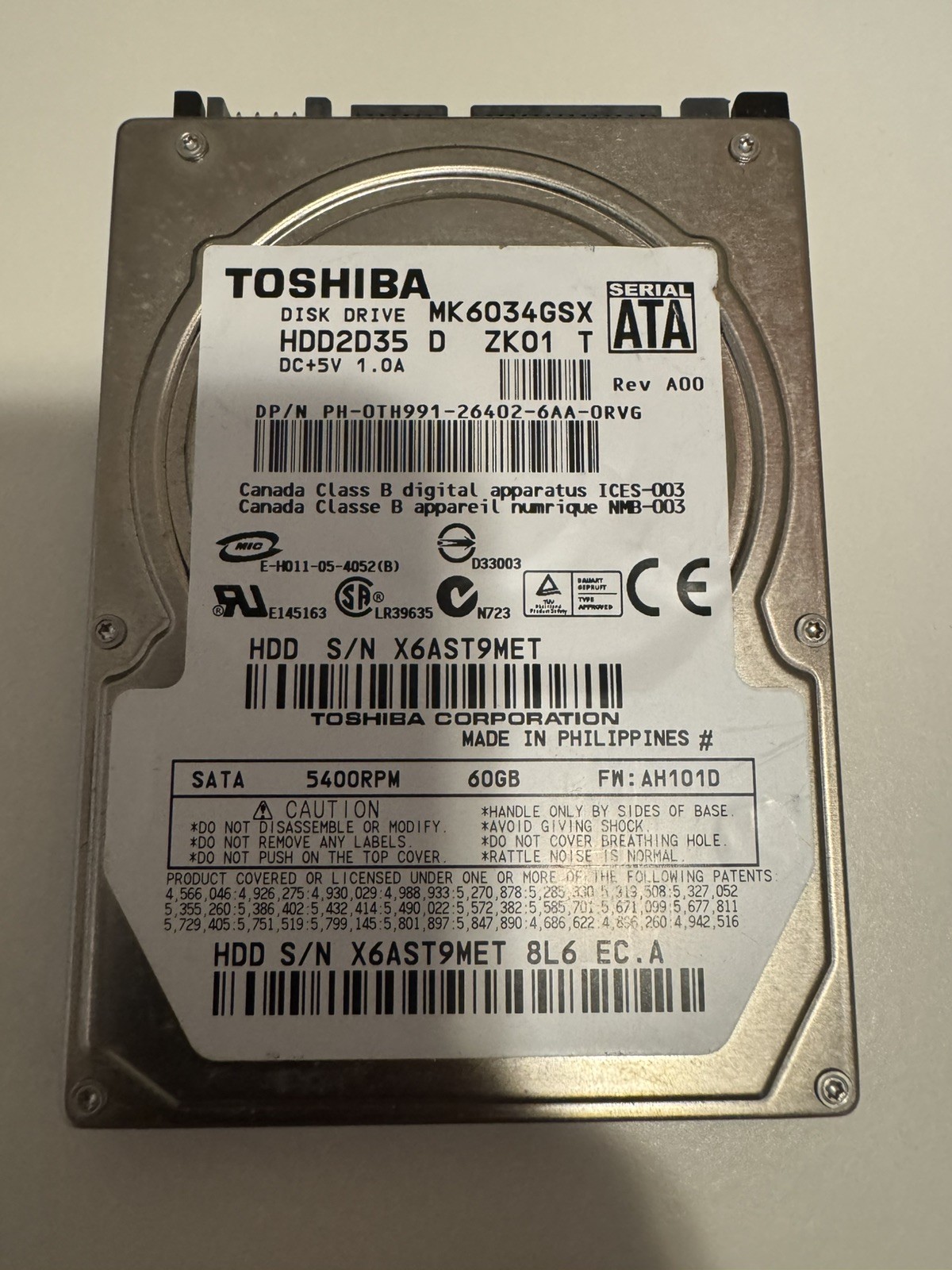 Toshiba 60GB SATA II 2.5″ HDD – 5400 RPM – MK60334GSX – TESTED