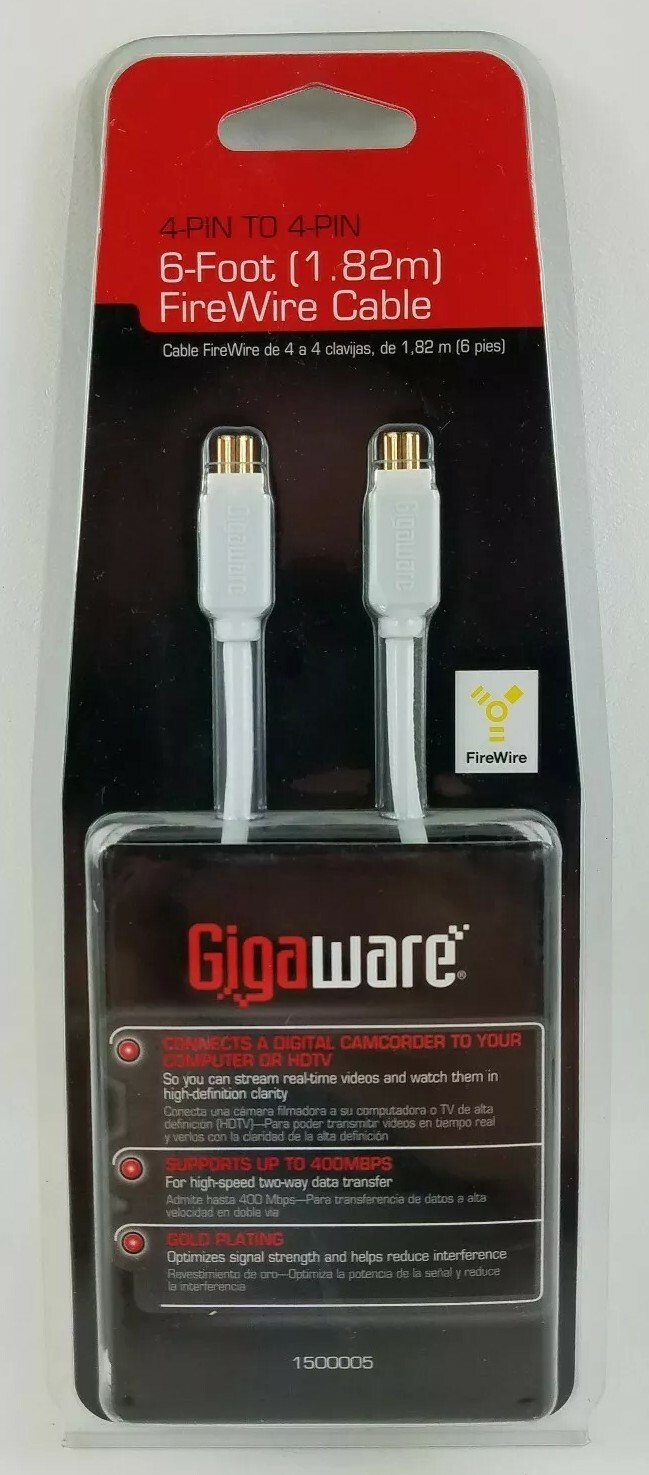 New Gigaware Gold Plated 6 ft 4 Pin to 4 Pin Firewire Cable P/N 1500005 NOS