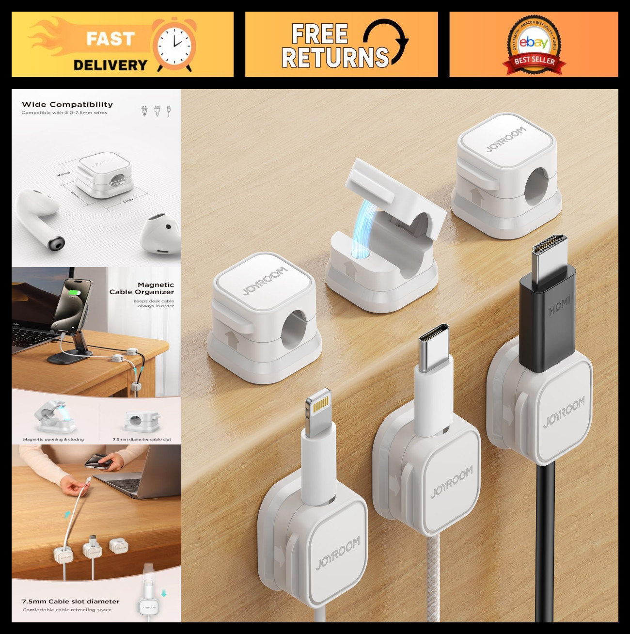 6 Pack Magnetic Cable Clips - Adjustable Cord Holders for Desk & Wall, Wire Orga