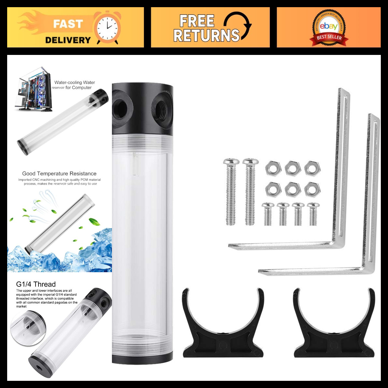 Cylindrical Water Cooling Reservoir 190mm G1/4" for PC CPU Heat Sink Kit Acrylic