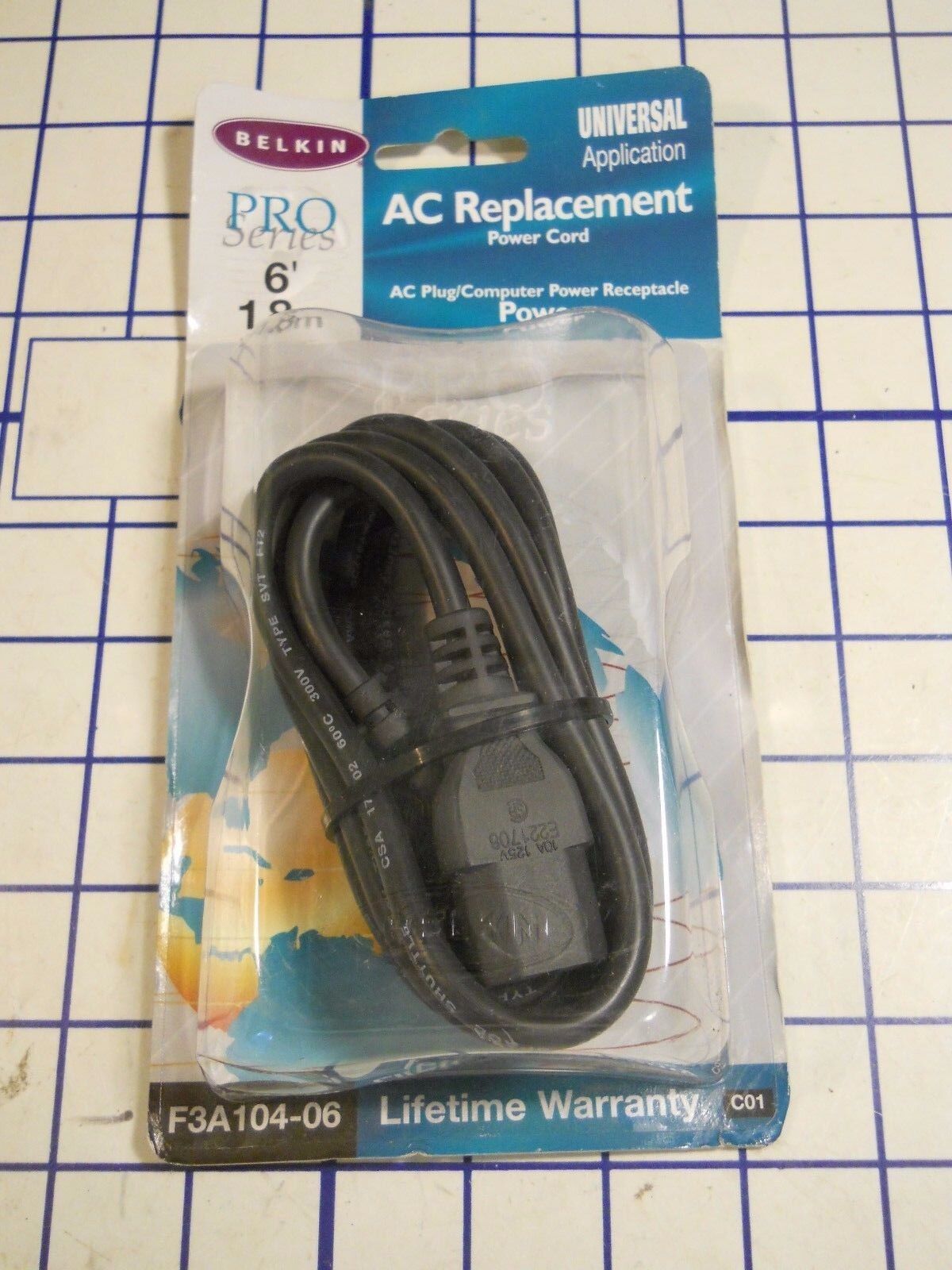 BELKIN F3A104-06 PRO SERIES 6-FOOT 1.8m UNIVERSAL AC REPLACEMENT POWER CORD