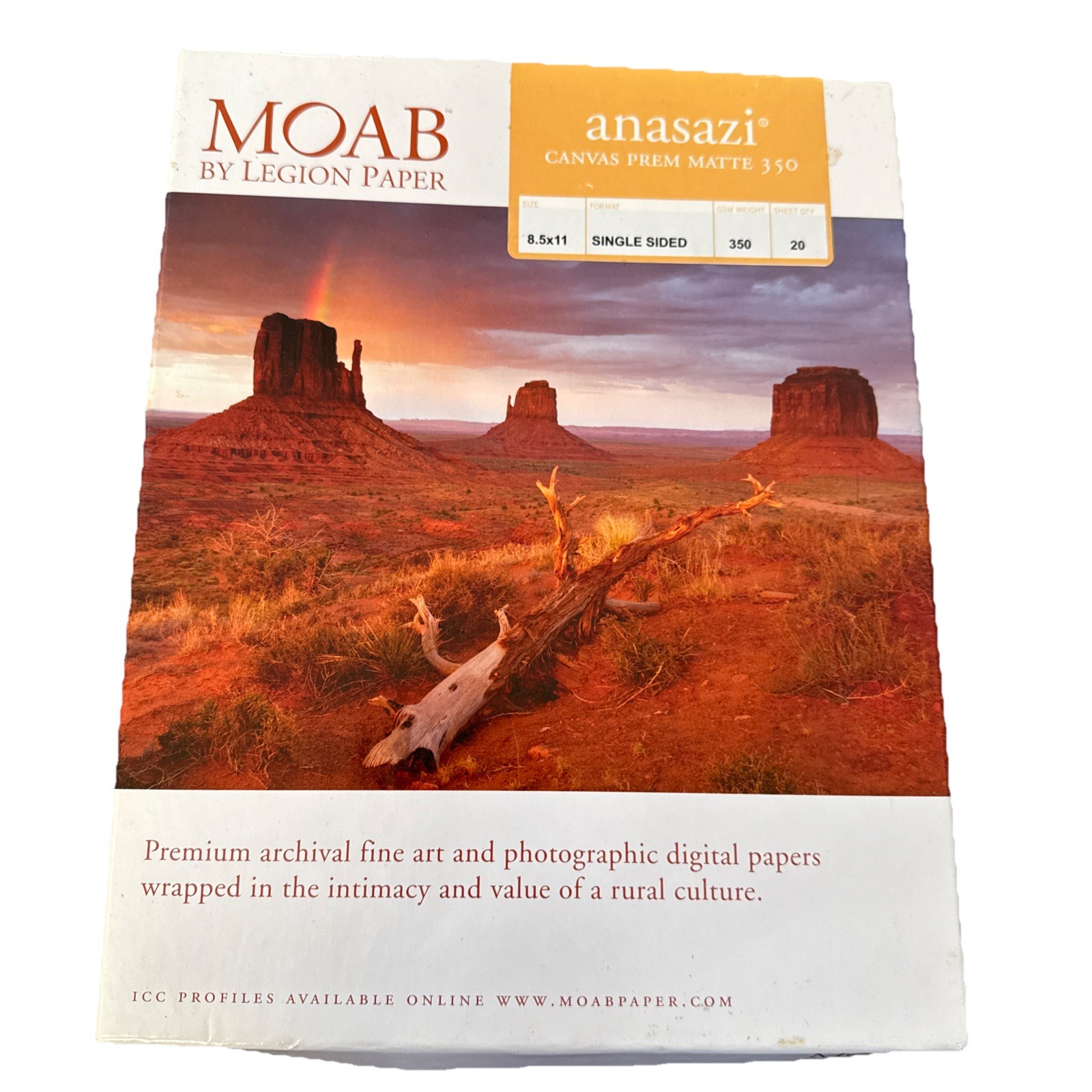 Moab ANASAZI Canvas Matte 1 Side Inkjet Paper 350 Wt  19 Sheets 8.5x11” Archival