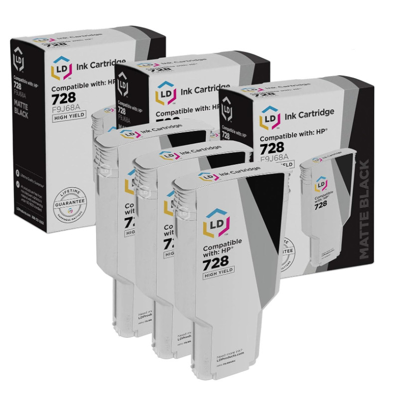 LD Replacement for HP 728 / F9J68A High Yield Matte Black Ink Cartridges 3-Pack