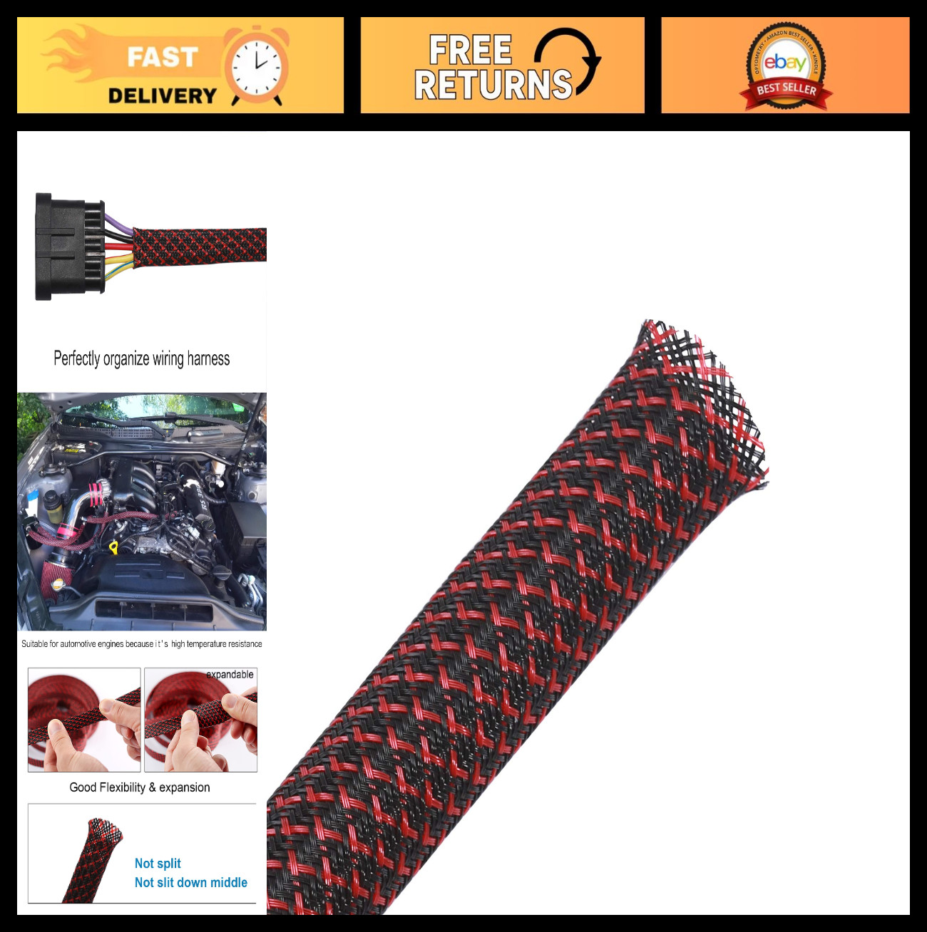 100ft 1/4" Expandable Braided Cable Sleeving - Black Red PET Wire Protection