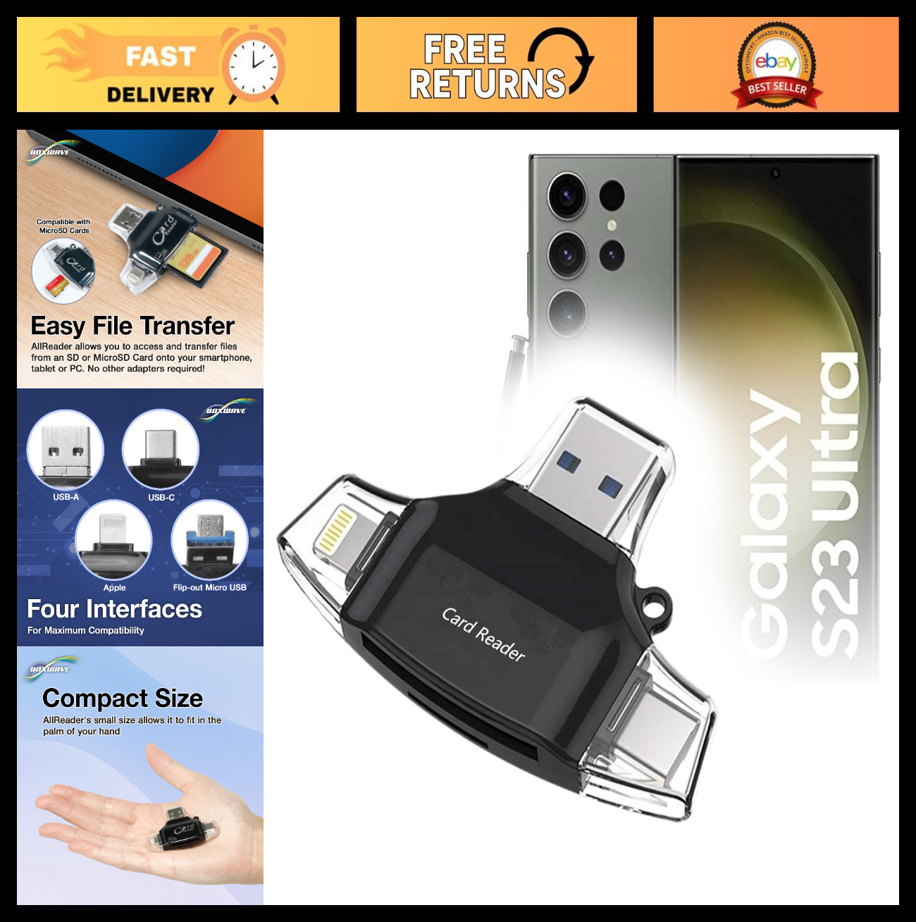 Smart Gadget SD Card Reader for Samsung Galaxy S23 Ultra - Compact USB, Jet Blac