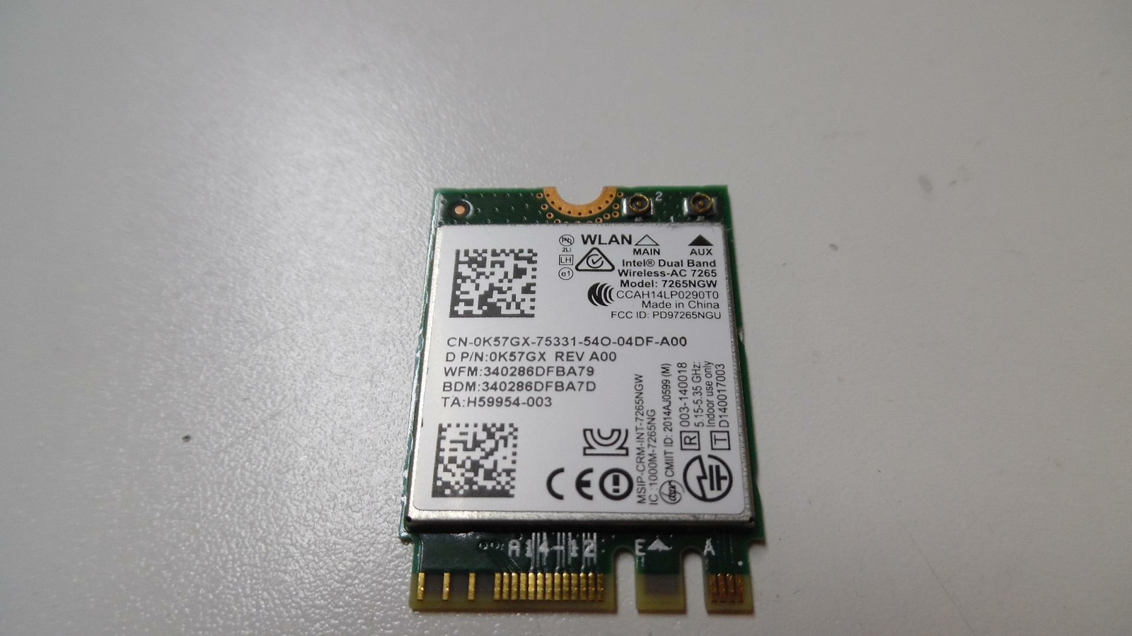 Original Intel Dual Band Wireless-AC 7265NGW WiFi/Bluetooth Card - 0K57GX