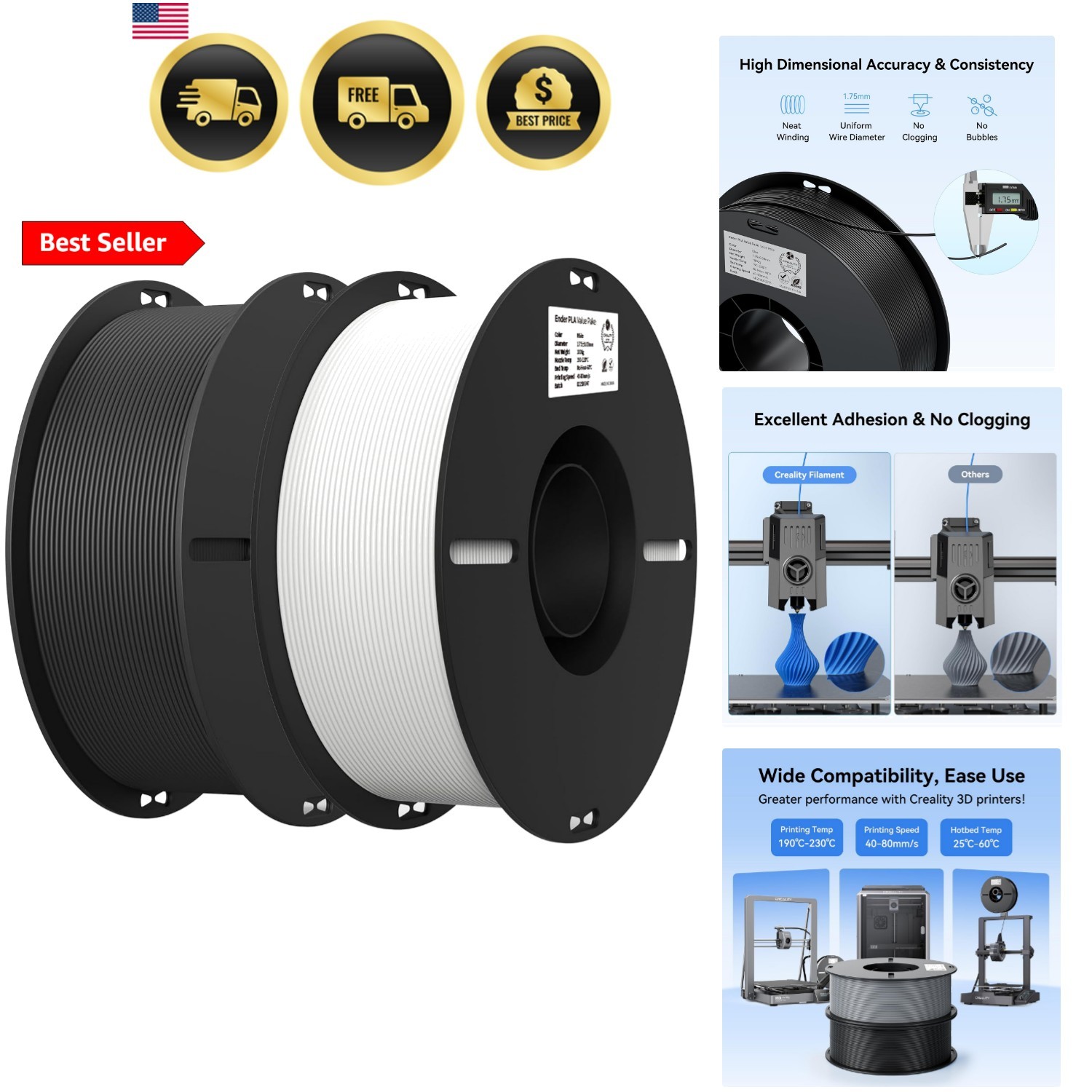 2kg Black & White PLA 1.75mm Filament Bundle for 3D Printing with No-Tangling...