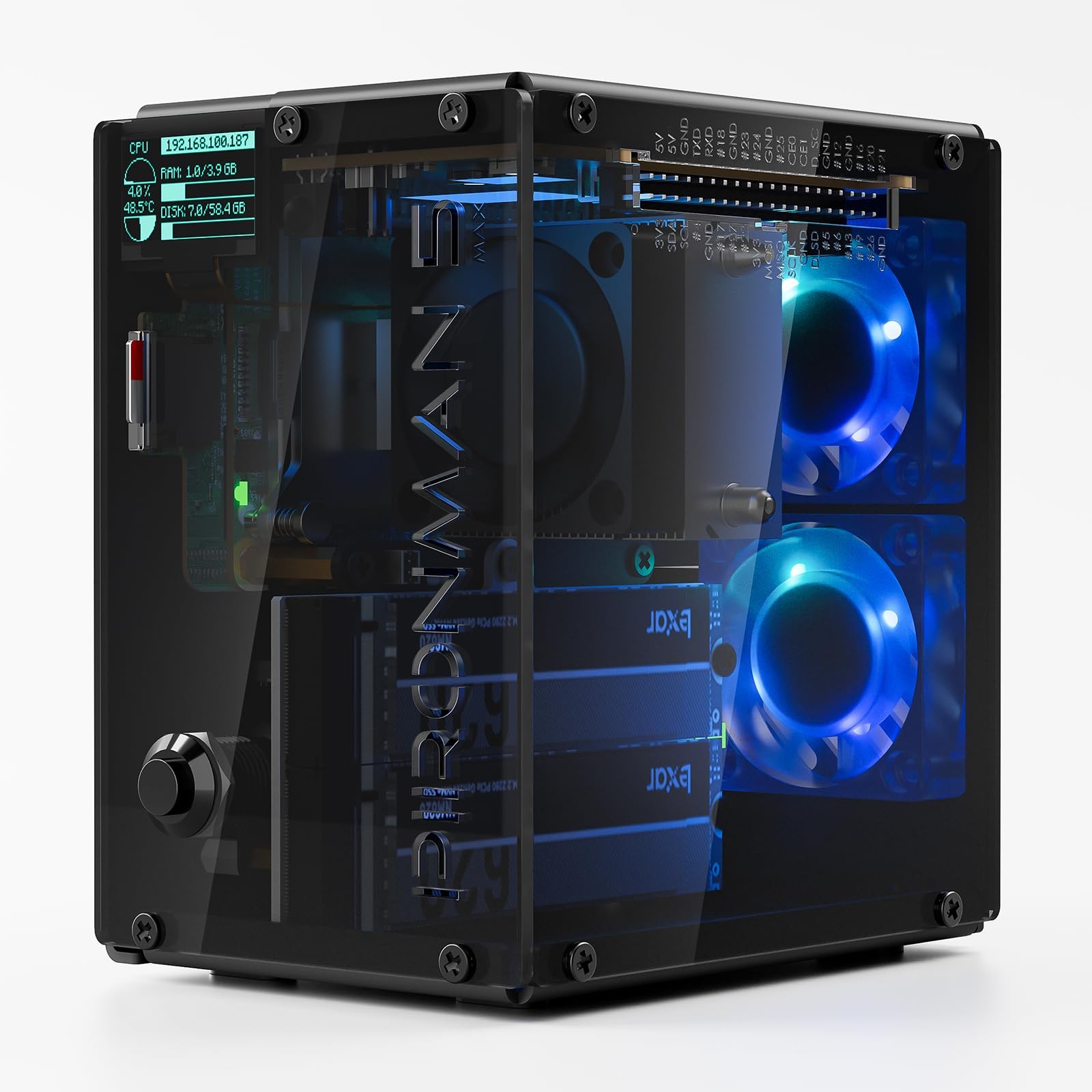 Pironman 5-MAX Raspberry Pi 5 Case Dual NVMe M.2 SSD PCIe, clear or smoked