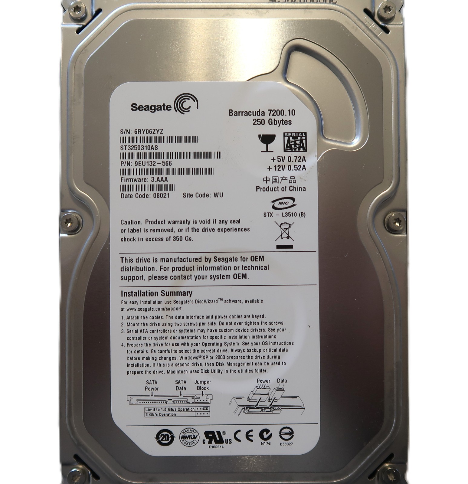 Seagate ST3250310AS 9EU132-566 3.AAA (6RY) WU China 3.5" 250gb Sata HDD JUL/2007