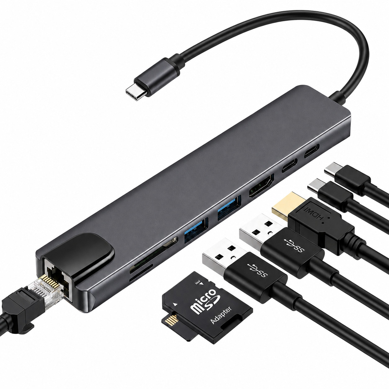USB C Hub 8 in 1 HDMI 4K Ethernet RJ45 SD TF Card Reader 100W PD Adapt Dark Gray