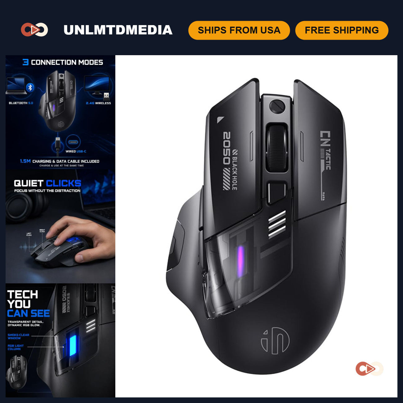 Wireless Gaming Mouse, 12800 DPI, Silent Clicks, Ergonomic Design, RGB Lighting