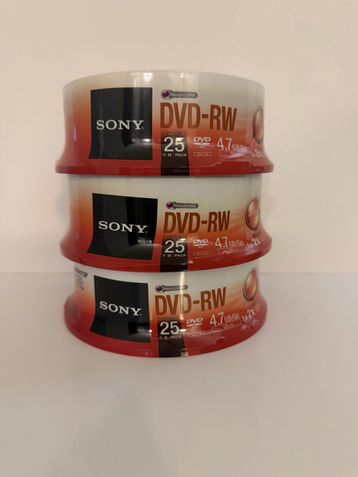 Lot 3 - Sony DVD-RW 2X 4.7GB Spindle Rewritable DVD 25 Pack SEALED NEW 75 total