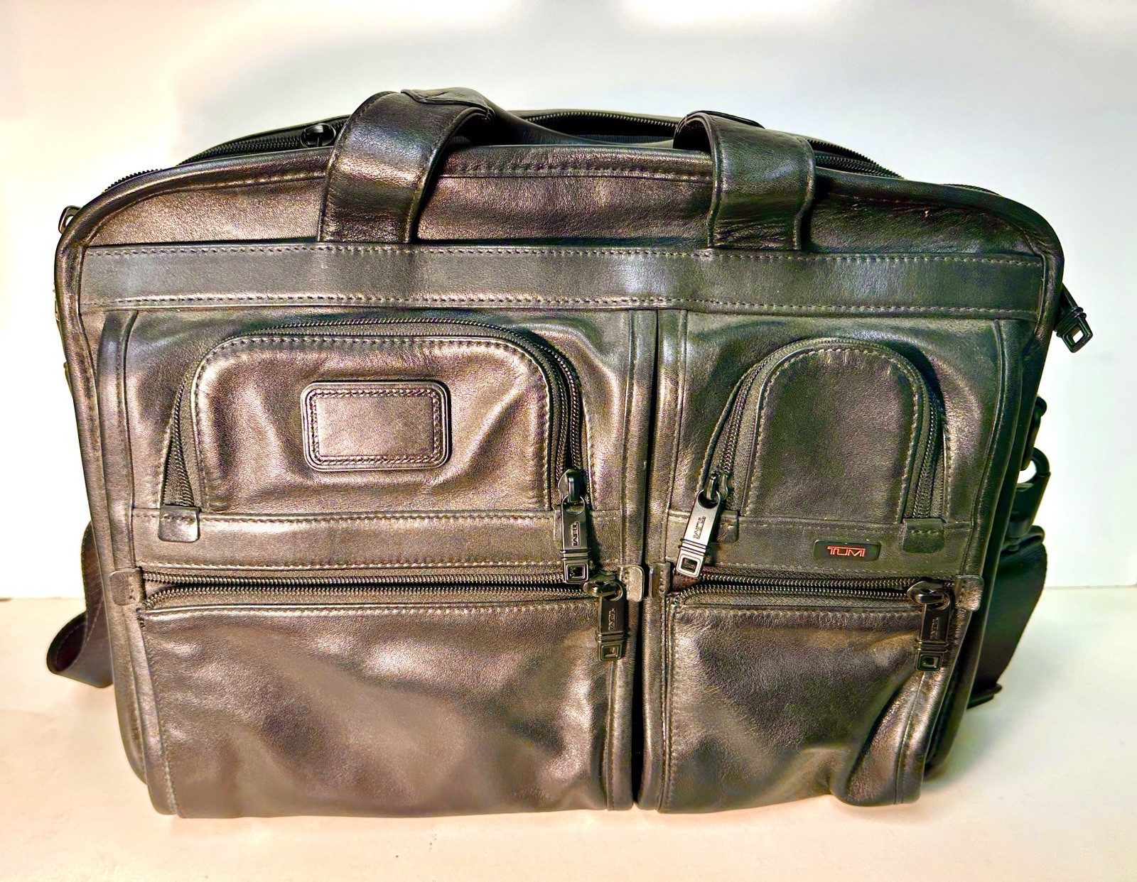 TUMI T-Pass Black Leather 15" Laptop Briefcase w/ Adjustable Shoulder Strap