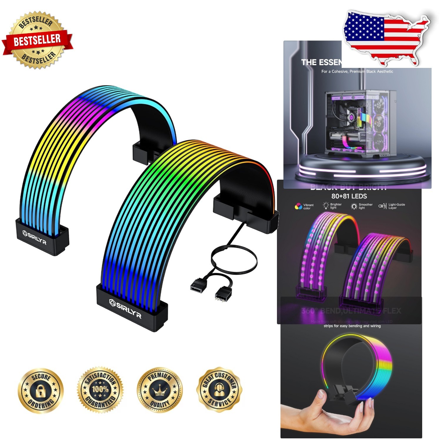Black ARGB GPU ATX Cable Sleeves - 5V 3-Pin Sync, Flexible LED Strips
