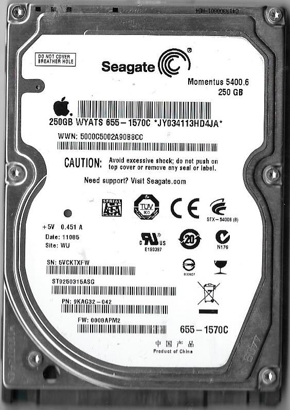 Seagate ST9250315ASG 250GB Sata Hard Drive P/N: 9KAG32-042 F/W: 0008APM2  WU 5VC