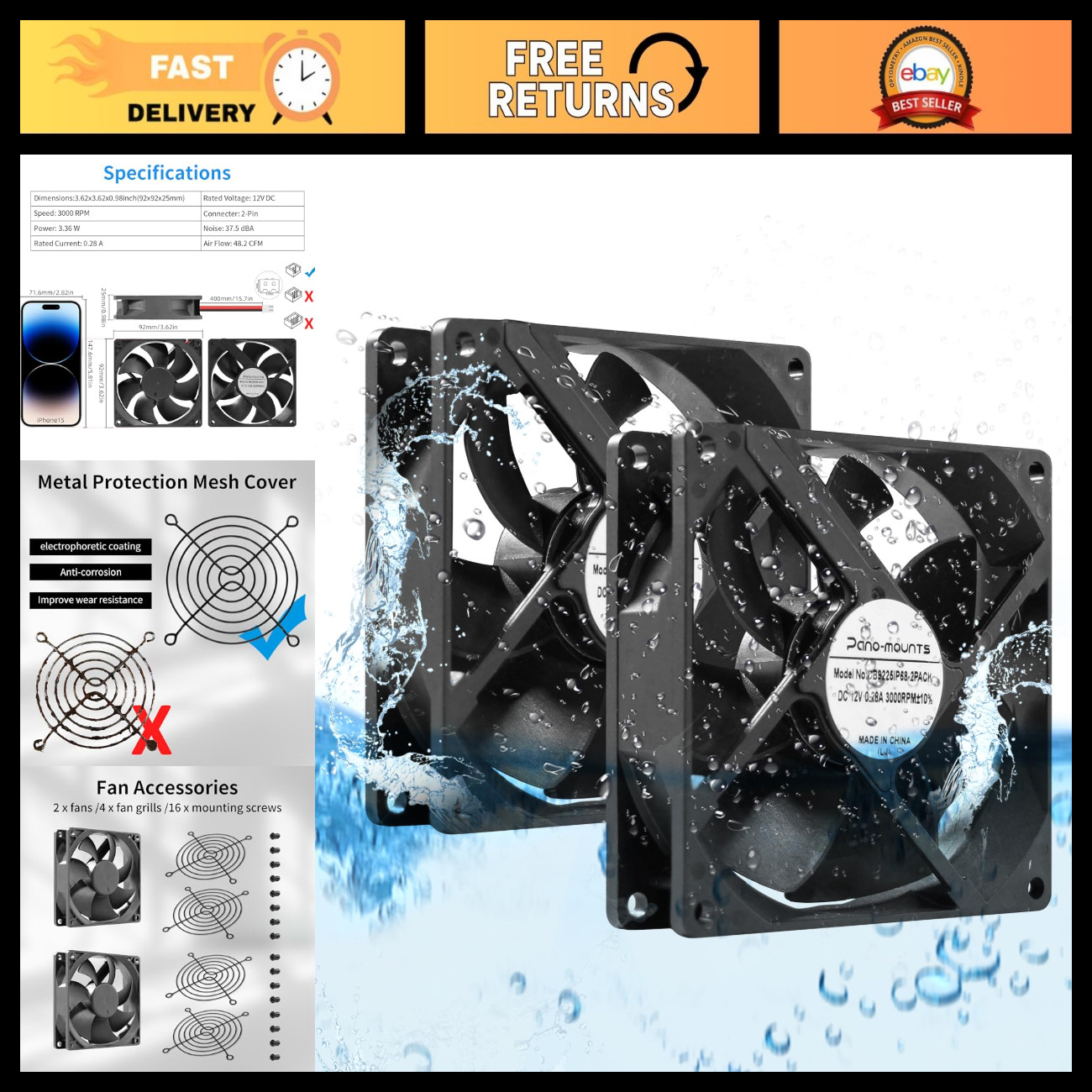 12V 92mm Dual Ball Cooling Fan IP68 Waterproof 3000RPM - 2-Pack High Performance