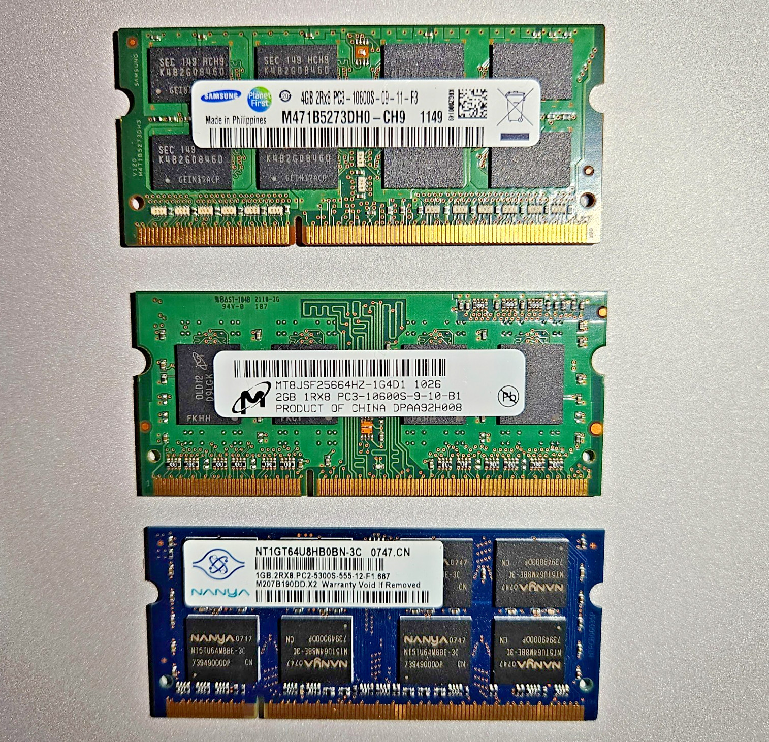 Lot 3 Laptop RAM Mixed Sp Samsung Micron Nanya DDR3 DDR2 SODIMM PC3 PC2 Untested